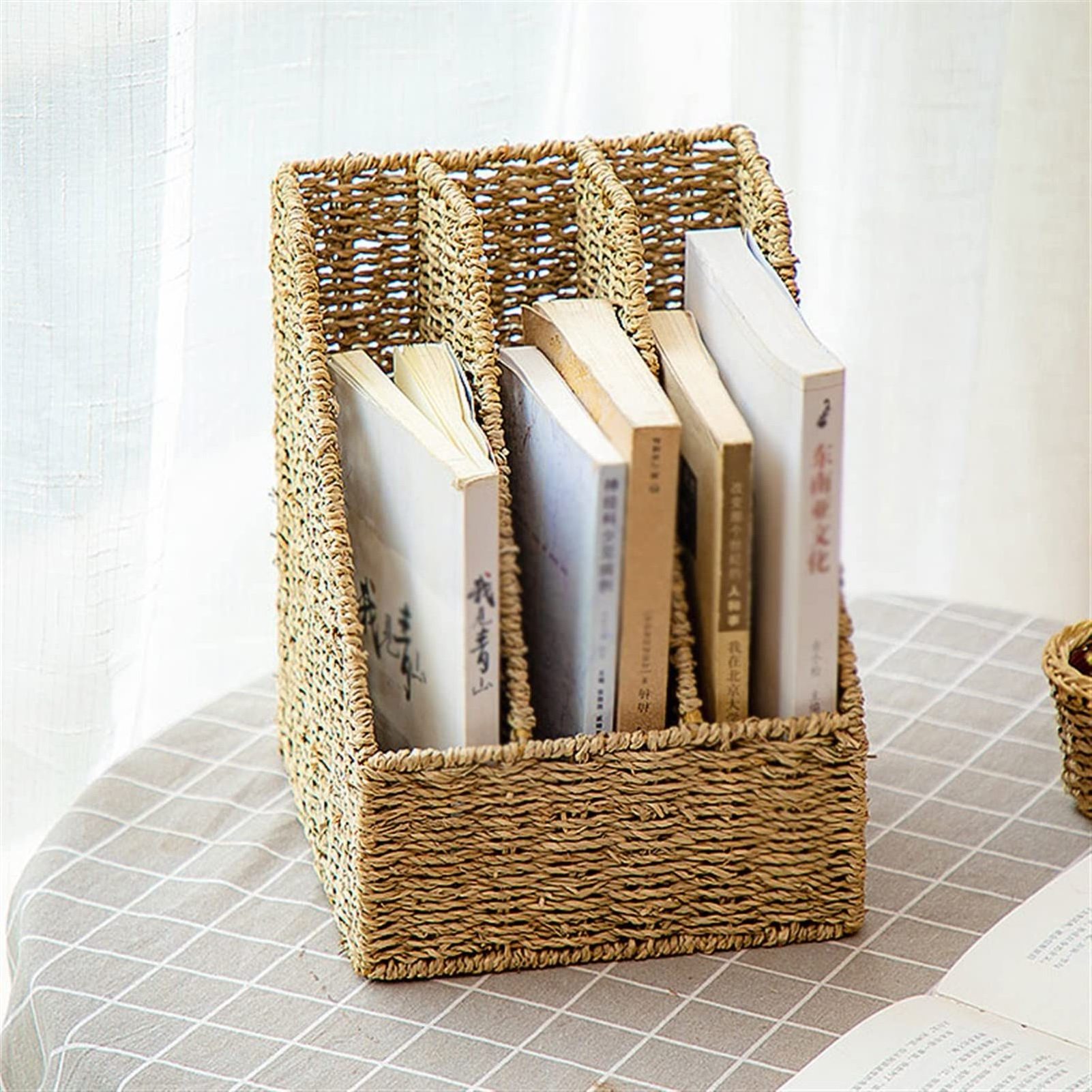 Cheapest elegant seagrass magazine holder small office paper filing storage accessories movable brochure holders