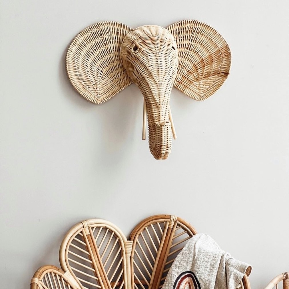 Adorable hand weaving rattan elephant heads with big ears wall hanger jungle animal head baby bedroom decorations