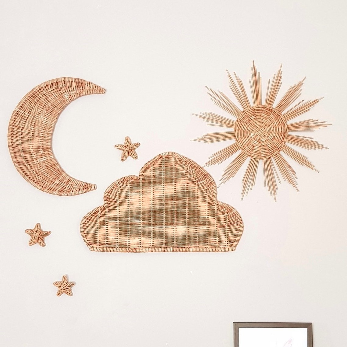 Cheap price natural rattan wall decoration stickers for kids moon cloud star hanging sticker set