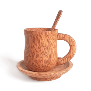 Coffee Cup Sets Wooden Tea Cups with Spoons and Saucers Set Coconut Wood Customized Logo Acceptable Biodegradable