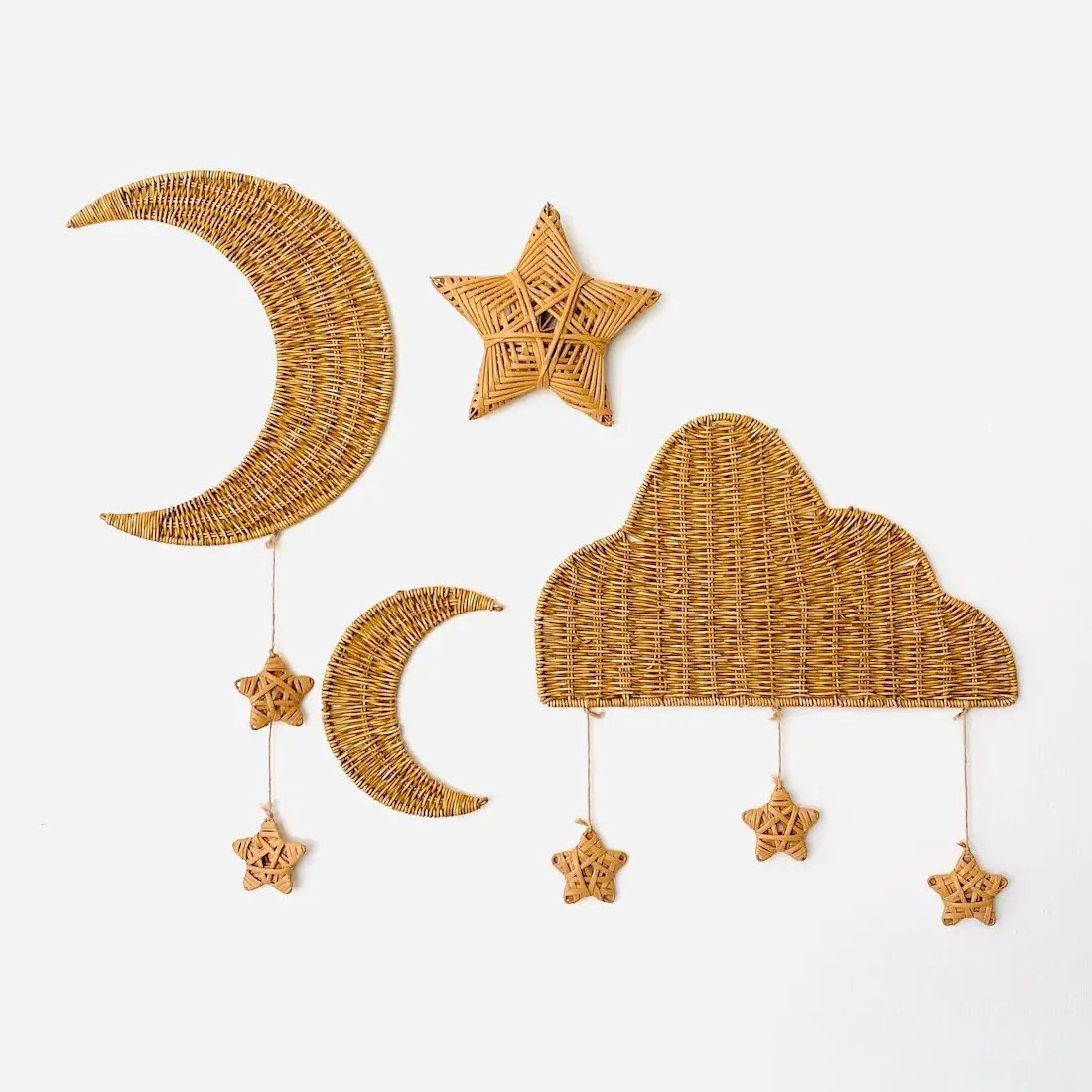 Cheap price natural rattan wall decoration stickers for kids moon cloud star hanging sticker set