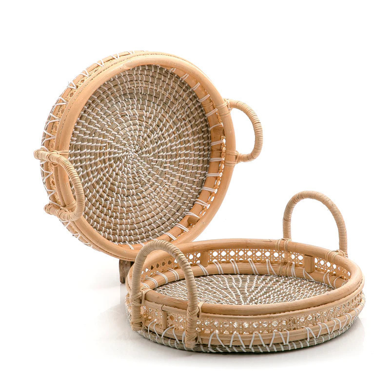 Natural woven seagrass basket serving tray high quality and cheap hand braided trays produced in Vietnam