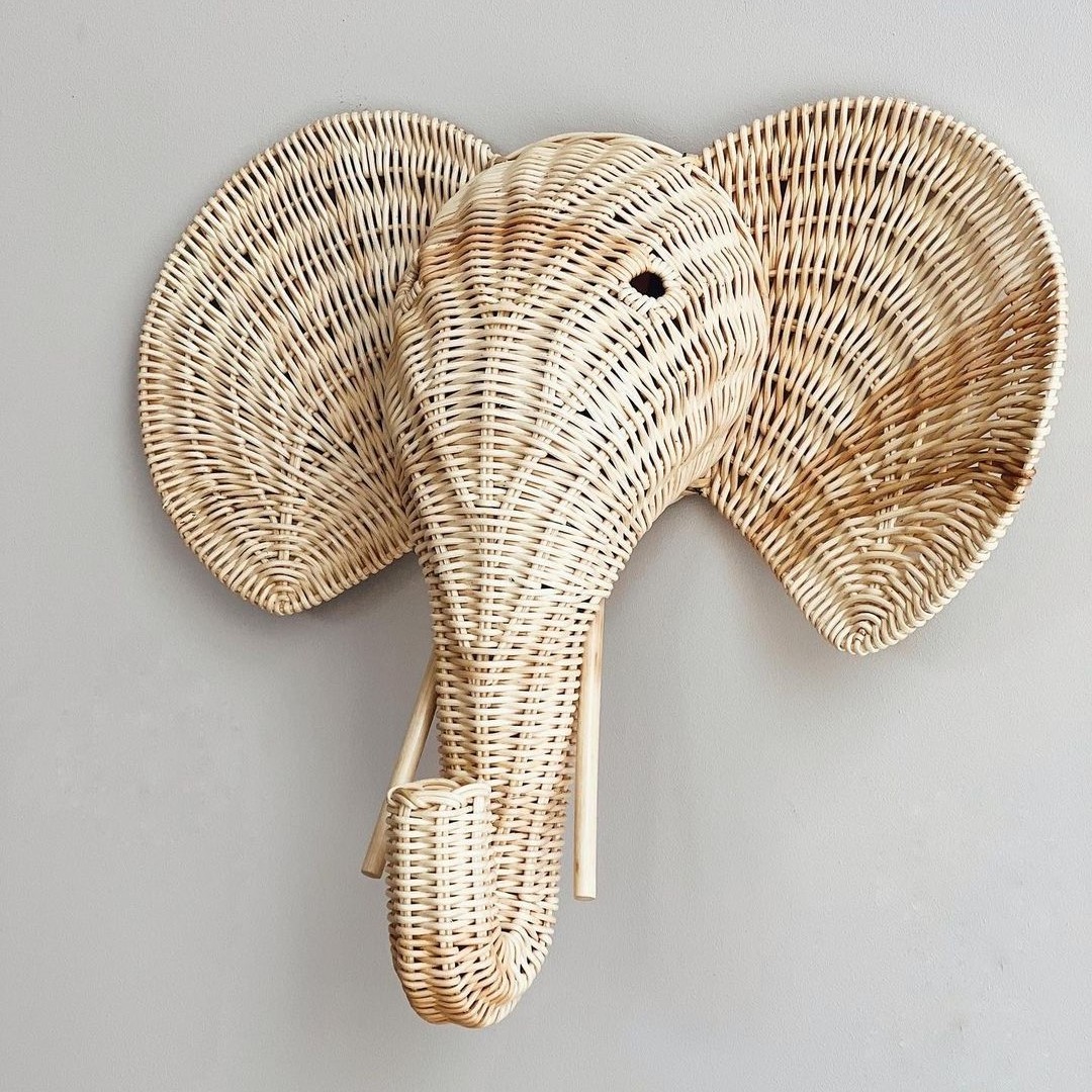 Adorable hand weaving rattan elephant heads with big ears wall hanger jungle animal head baby bedroom decorations