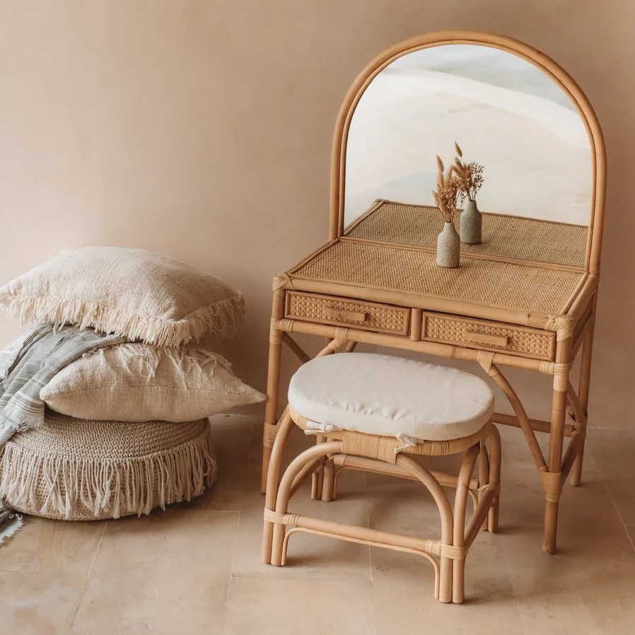 Home furniture vanity set rattan dressing table mirrored makeup tables dresser with chair wholesale