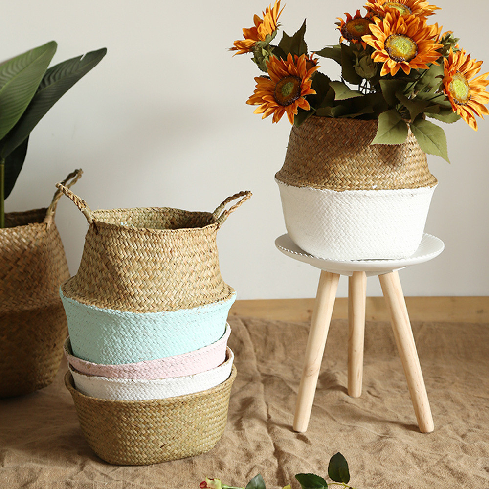 Foldable belly storage baskets home decoration flower basket made of straw raffia sea grass