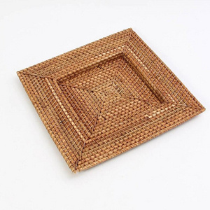 Eco friendly natural handmade woven rattan charger platesmat square round customized shaped plate chargers