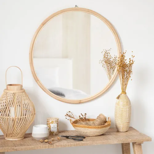 Custom sizes handcrafted natural mirrors with logo circle round shape wall hanging mirror room decorations