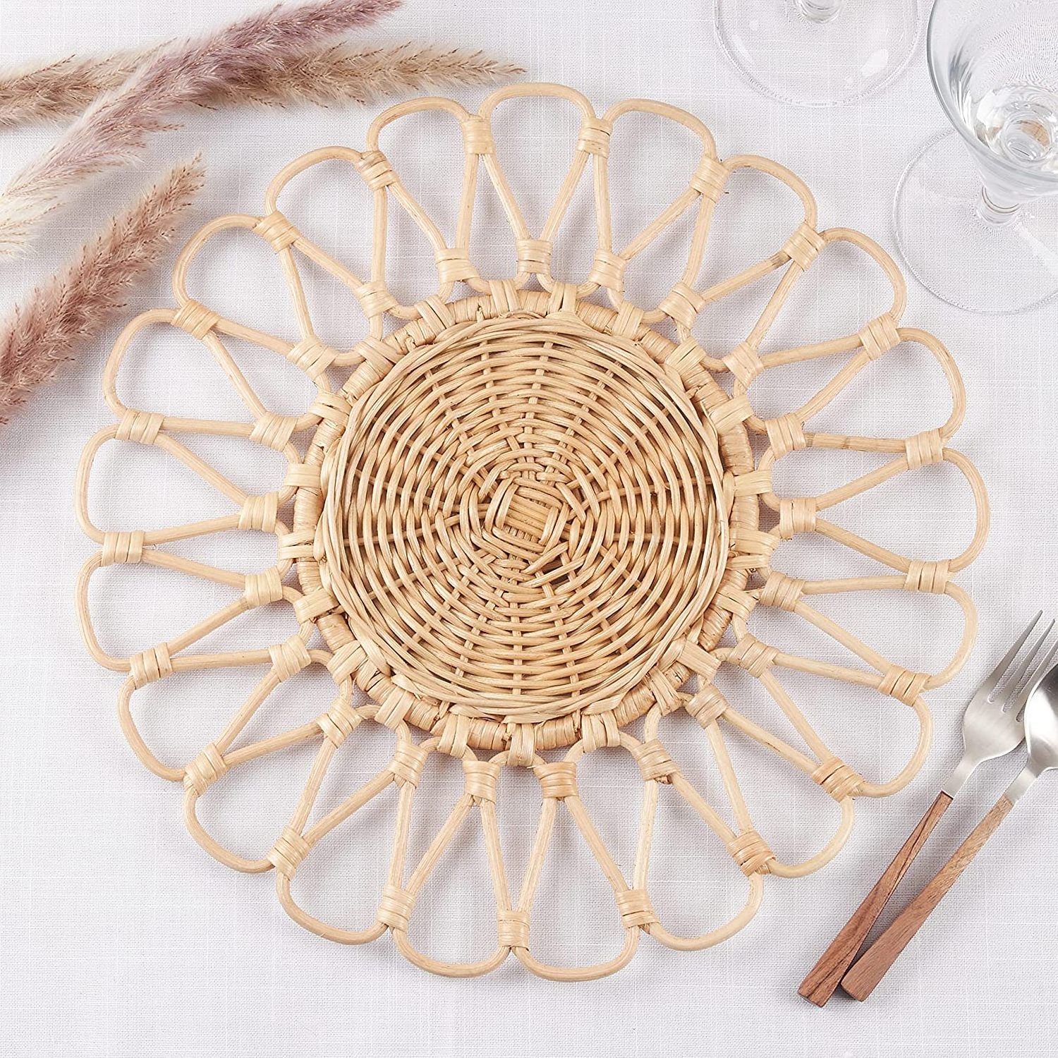 Woven Round Rattan Natural Handmade Table Placemat Set White Charger Plates