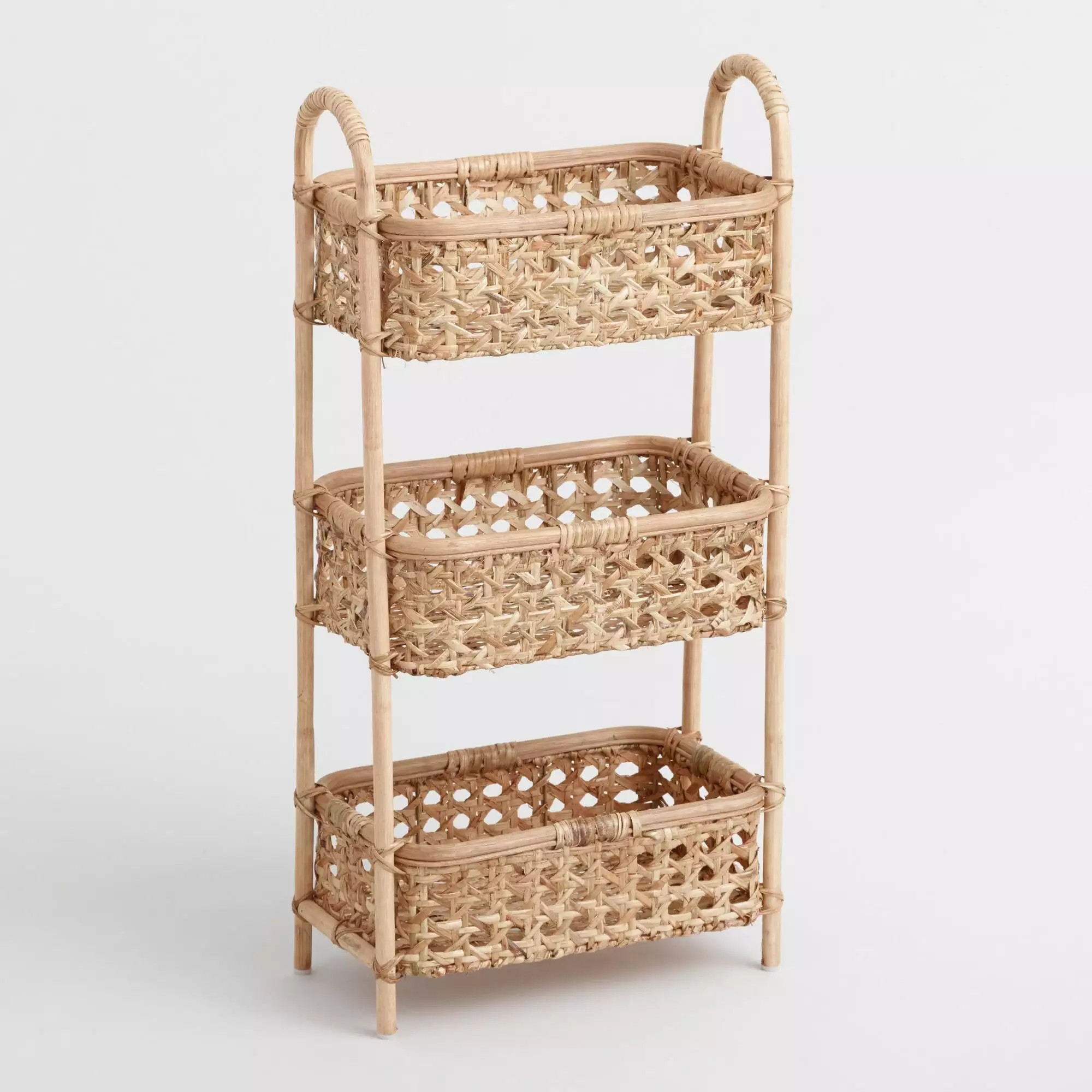 Natural rattan storage laundry basket 3 tier standing shelf baskets for home and kitchen decoration made in Vietnam