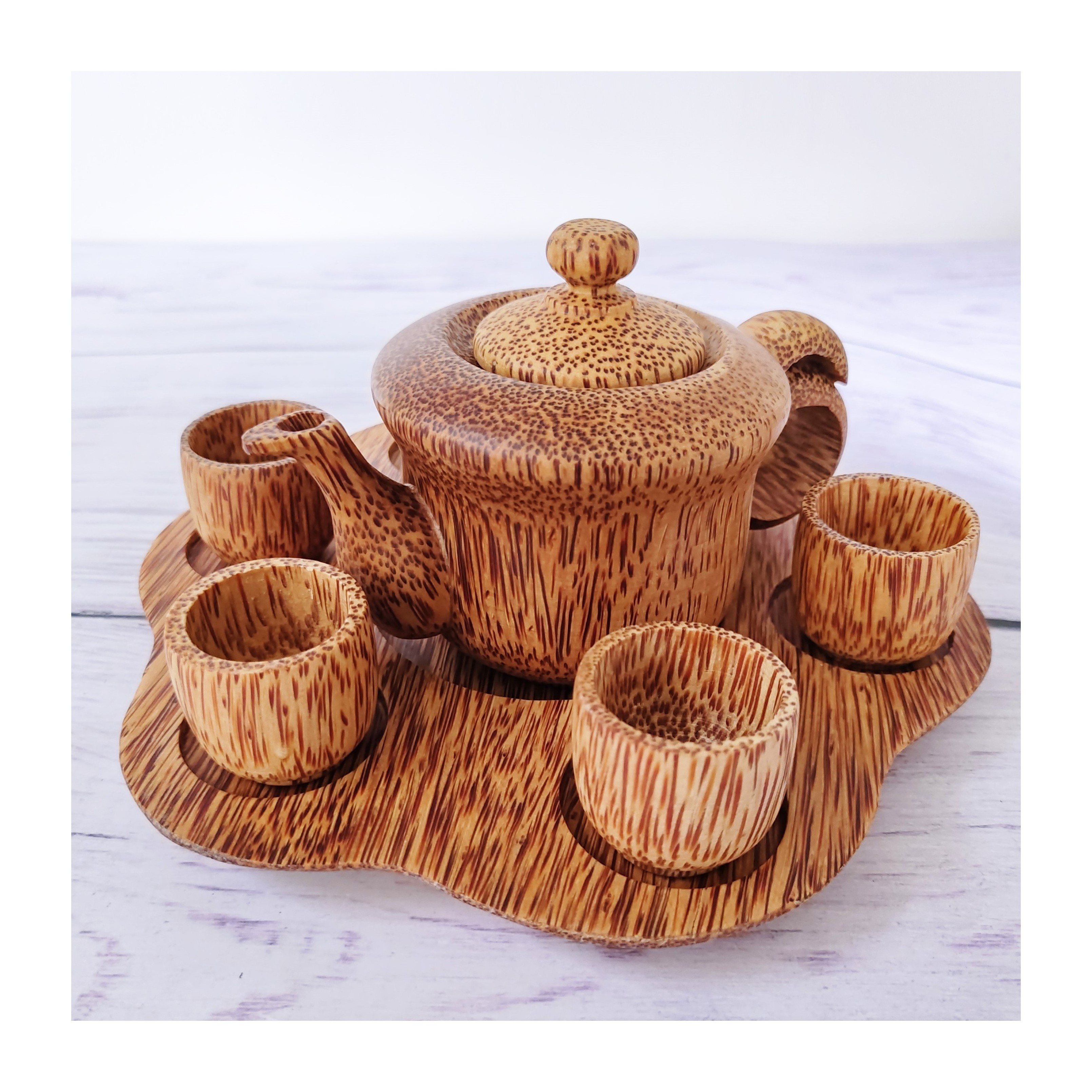 Handcrafted natural wooden tea set with teapot and small cup cheap price vintage coconut wood tea-serving sets