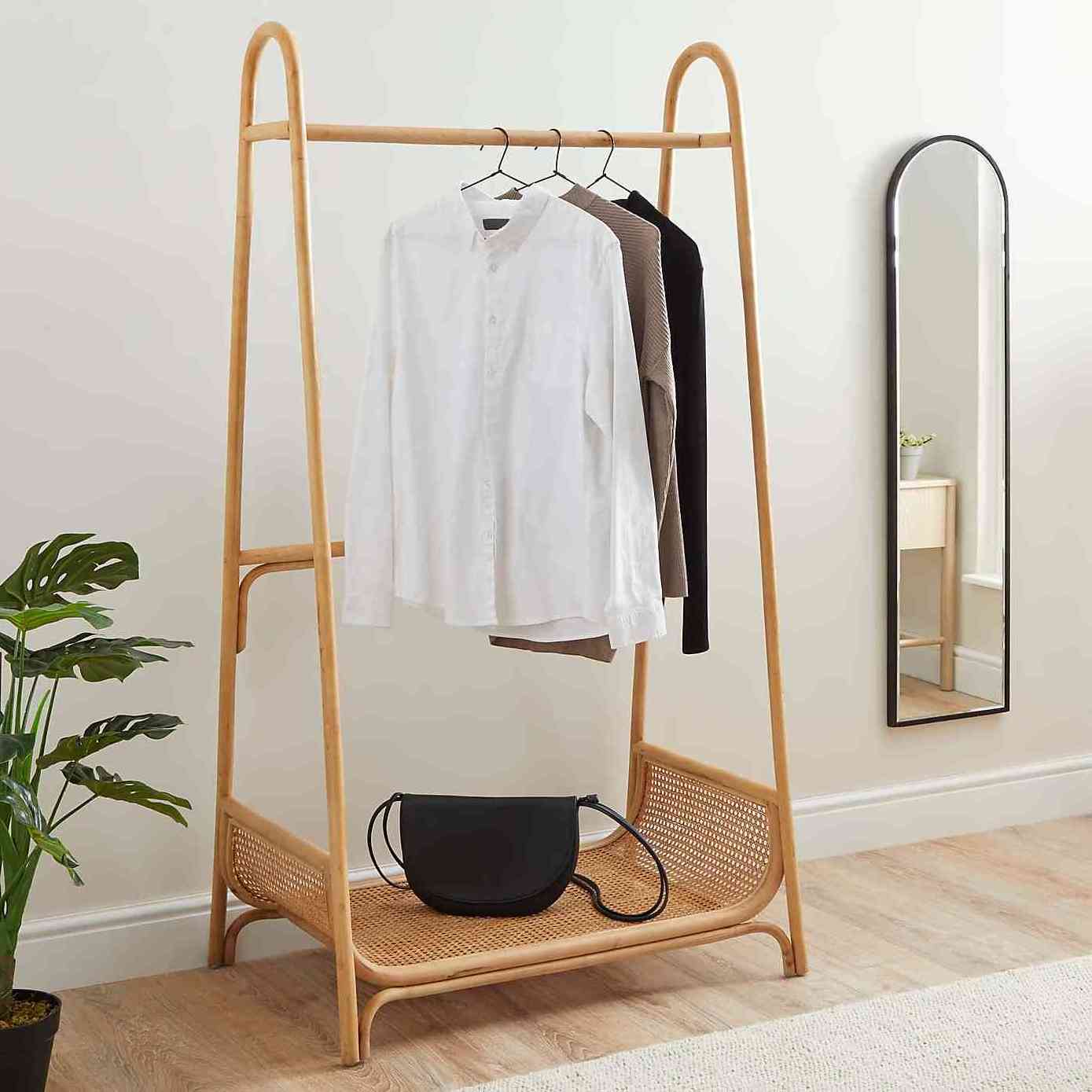 Standing sun clothes rail rattan drying stand rack for hanging clothing bedroom decor with storage basket