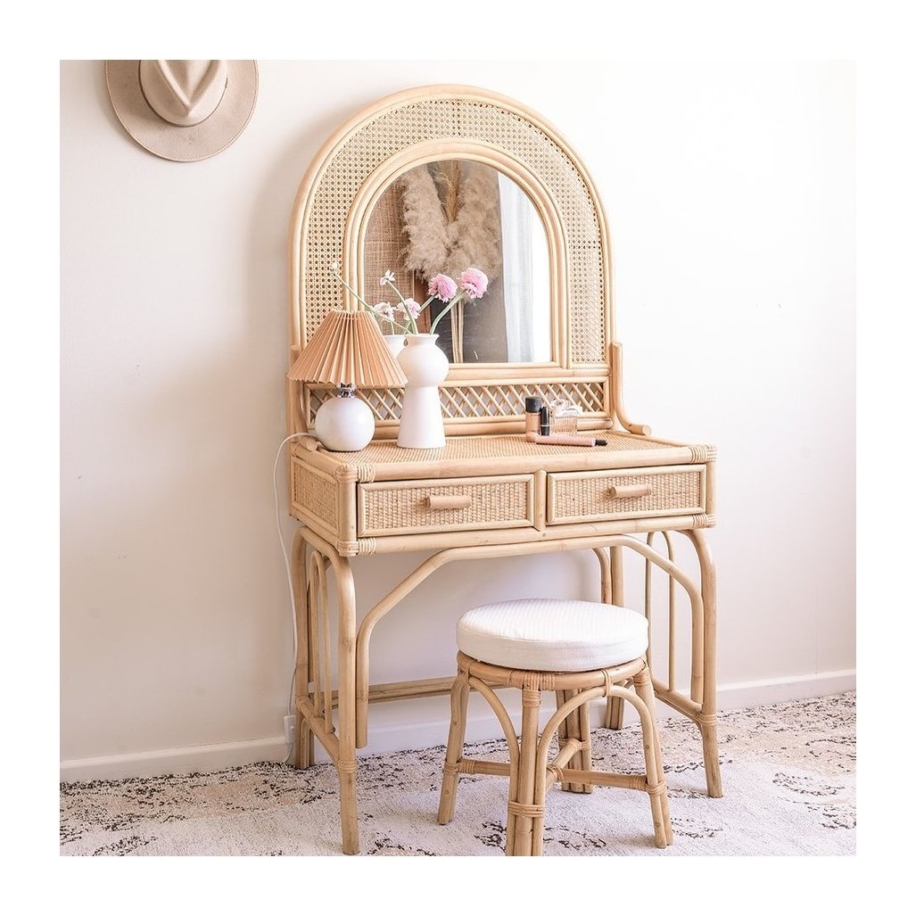 Luxury nordic style rattan dressing tables for bedroom make up table with mirror set wholesale