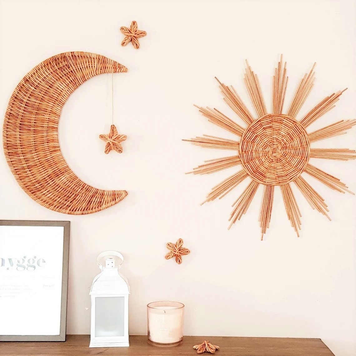 Cheap price natural rattan wall decoration stickers for kids moon cloud star hanging sticker set