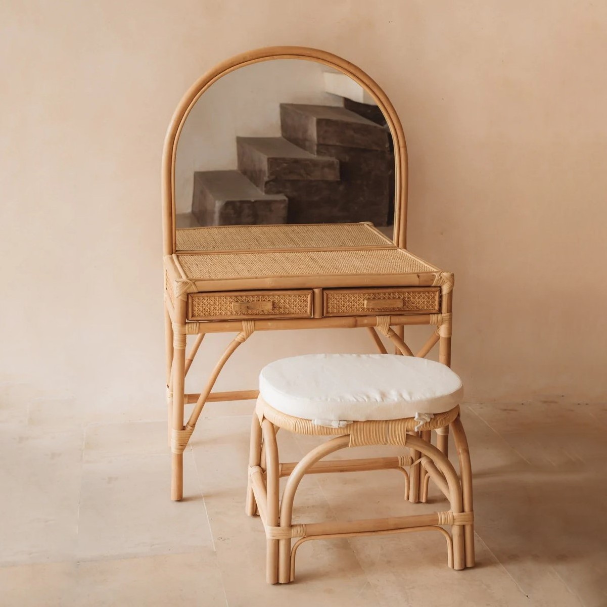 High quality rattan dressing table with mirror and drawers simple designs new vanity set from Vietnam