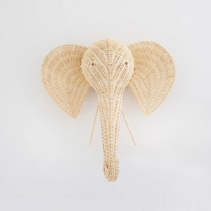 Adorable hand weaving rattan elephant heads with big ears wall hanger jungle animal head baby bedroom decorations