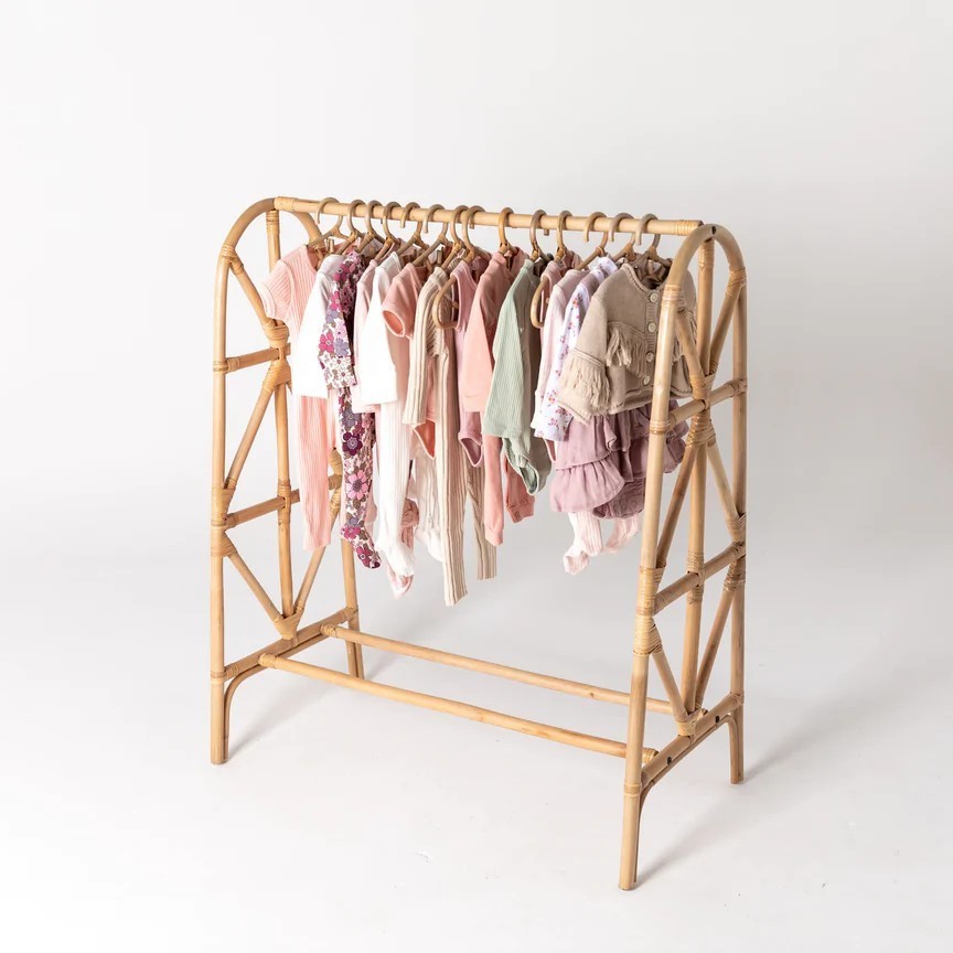 Clothing hanger rack natural eco friendly wholesale rattan clothes racks for adults and children