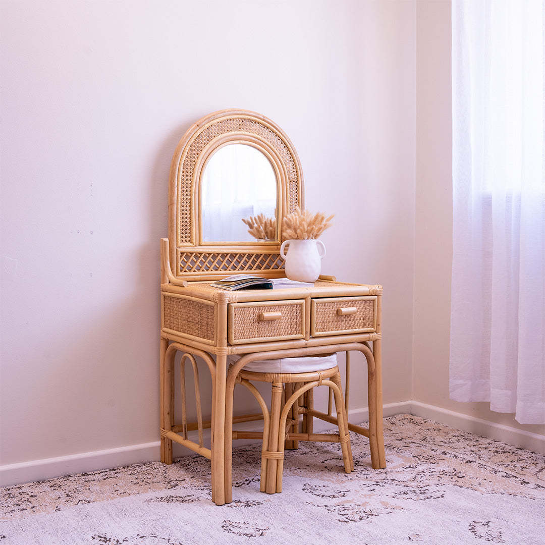 Luxury nordic style rattan dressing tables for bedroom make up table with mirror set wholesale