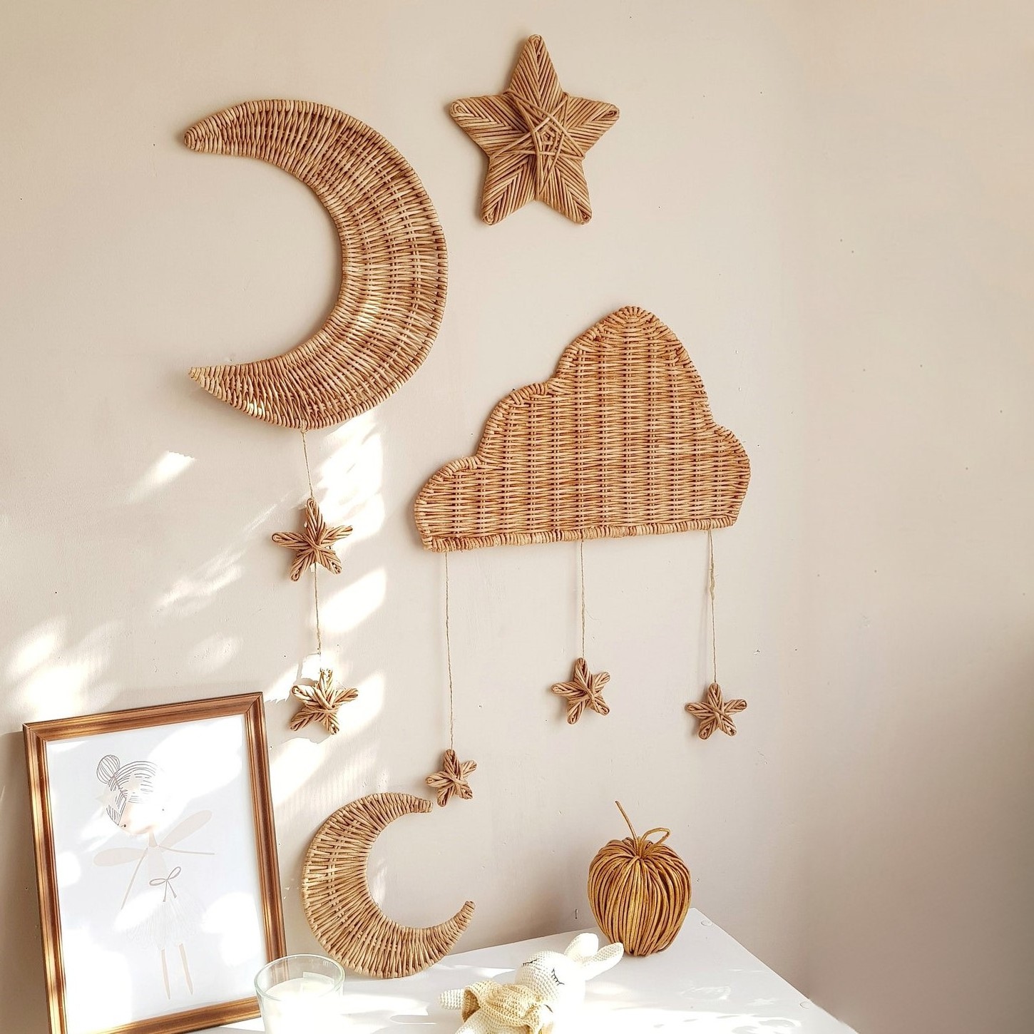 Cheap price natural rattan wall decoration stickers for kids moon cloud star hanging sticker set