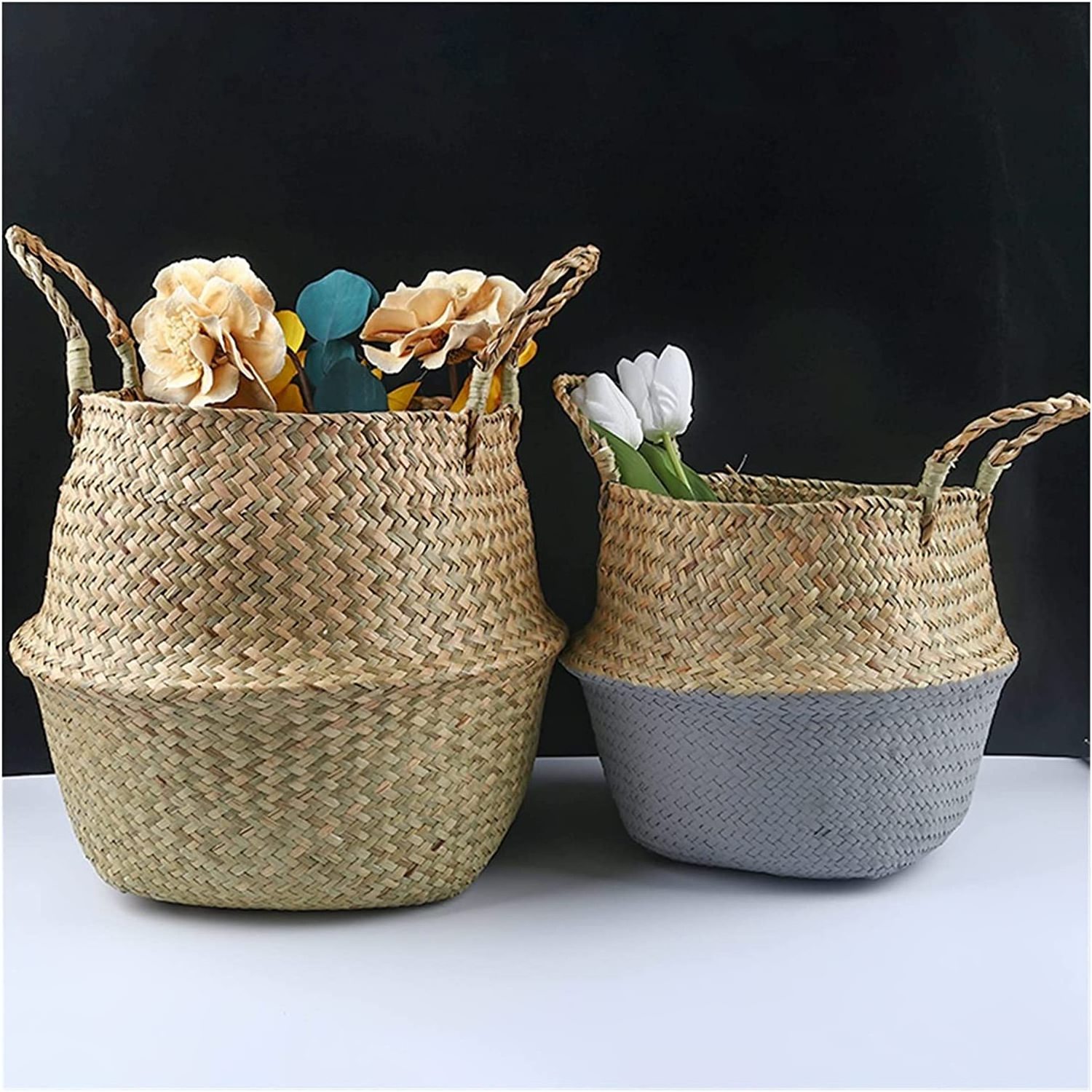 Foldable belly storage baskets home decoration flower basket made of straw raffia sea grass