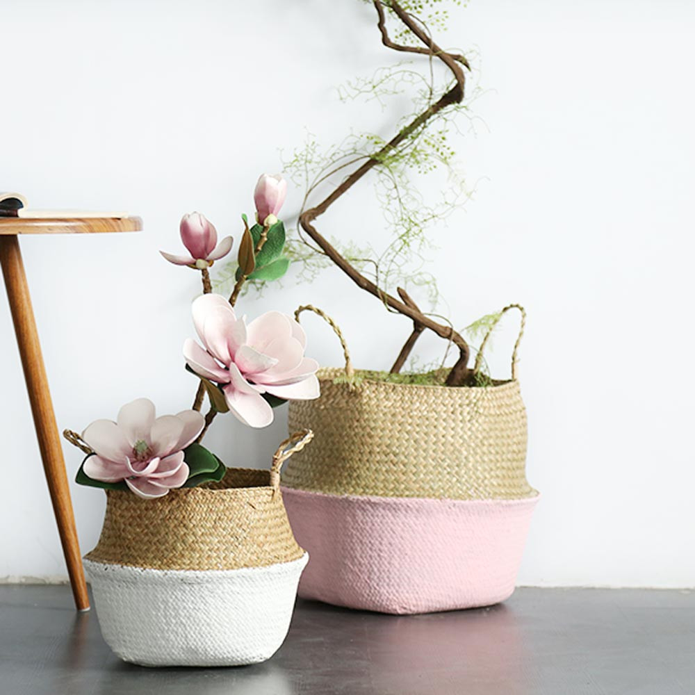 Foldable belly storage baskets home decoration flower basket made of straw raffia sea grass