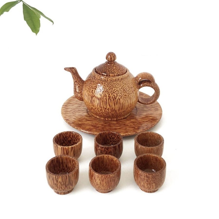 Bulk quantity mini teapots handmade coconut palm wood sets of teapot and tea cups from Vietnam supplier