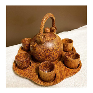 Vintage wooden teapot and cup set tea pots coffee serving table accessories coconut wood teapots with small cups cheap price