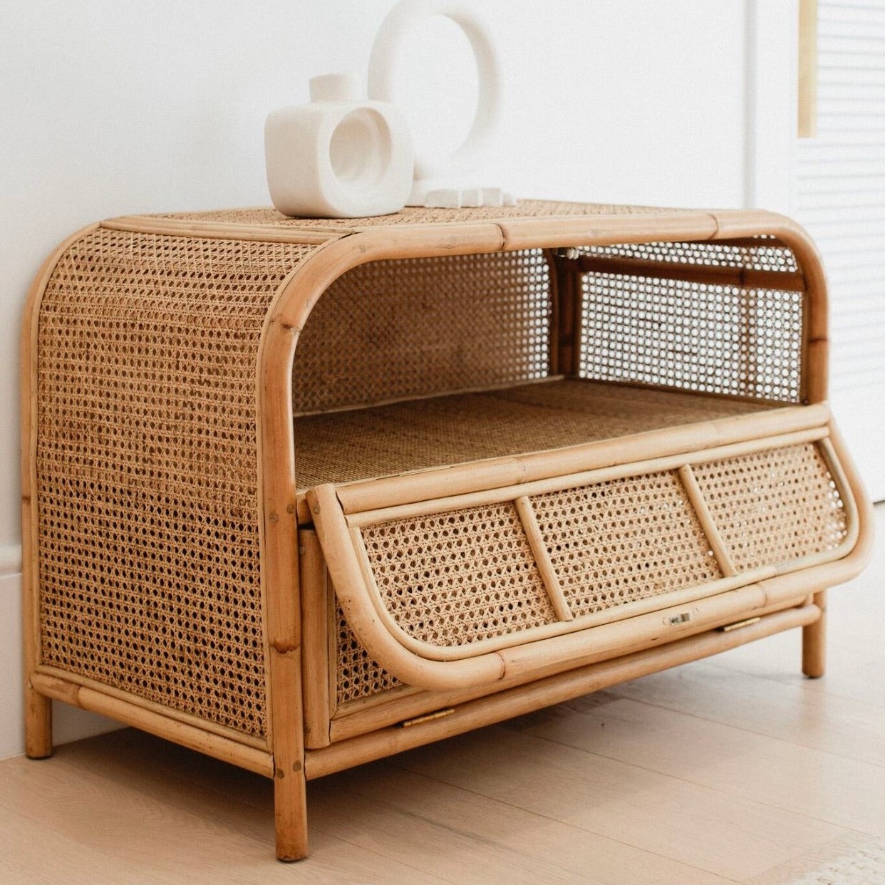 Shoes storage home organization bedroom cabinets rattan woven corner cabinet with hinges doors