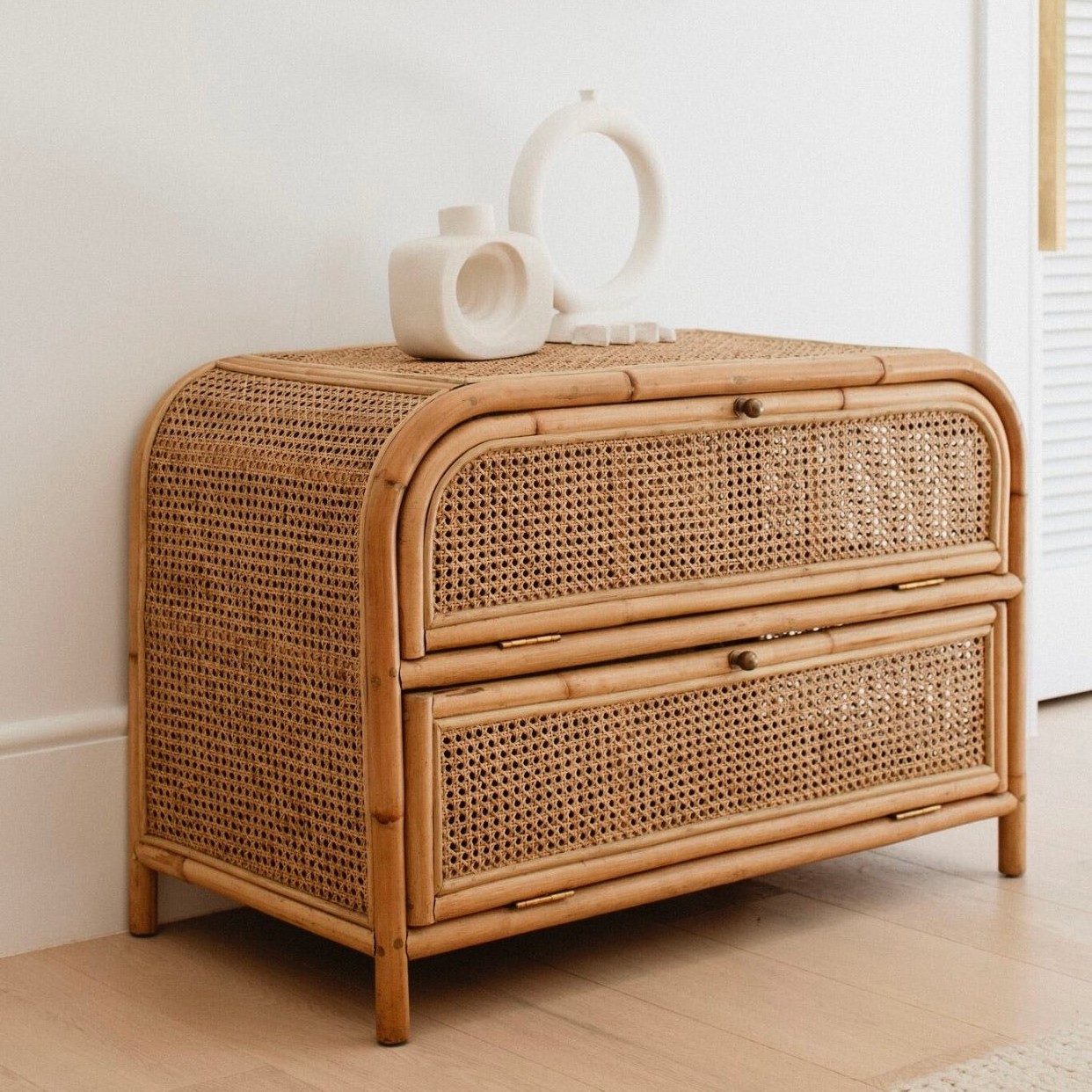 Shoes storage home organization bedroom cabinets rattan woven corner cabinet with hinges doors