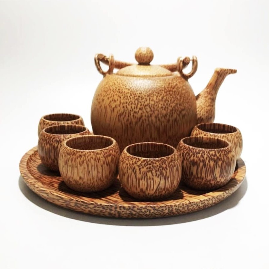 Bulk quantity mini teapots handmade coconut palm wood sets of teapot and tea cups from Vietnam supplier