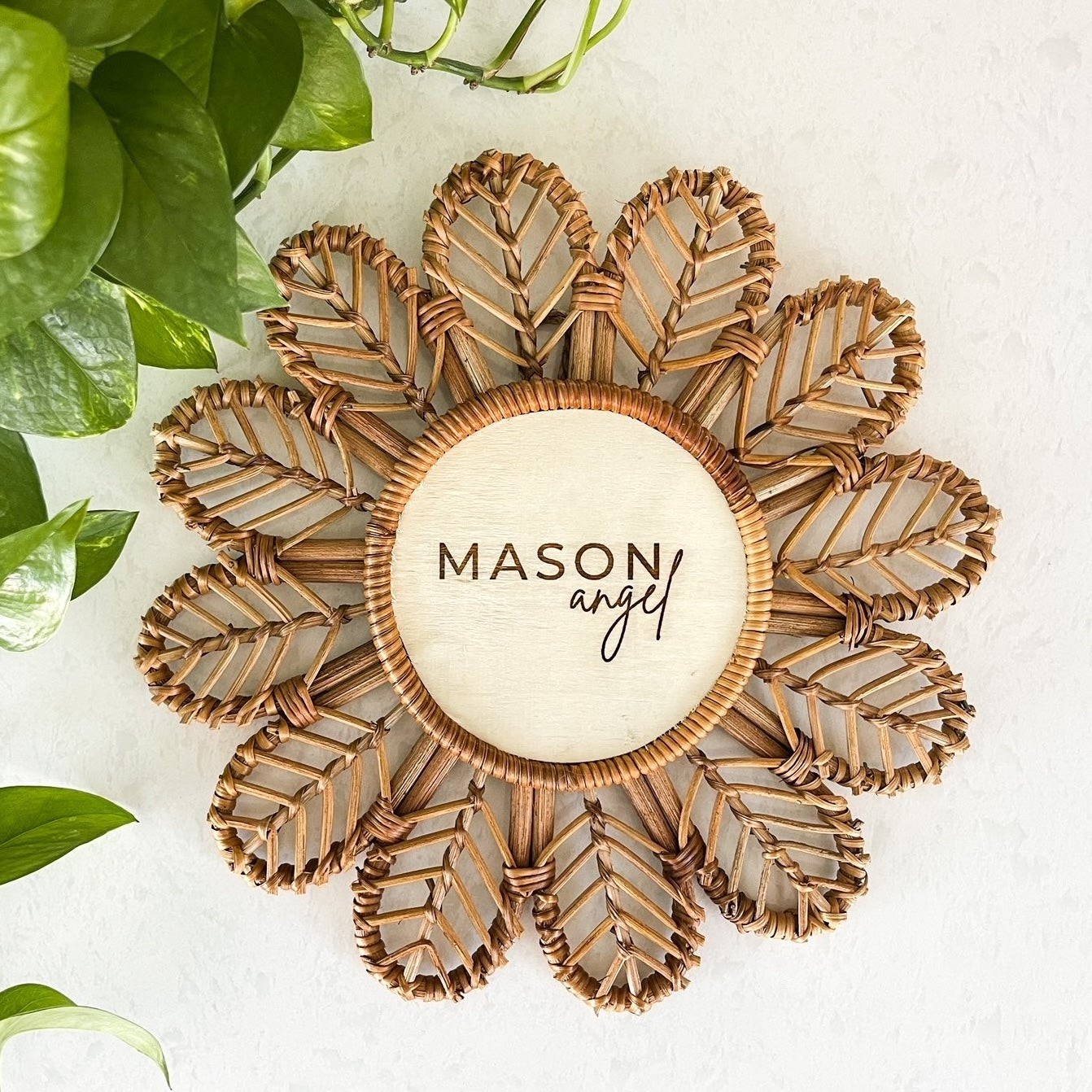 Rattan flower baby room accessories customizable kids name sign wall hanging boards nursery bedroom decoration