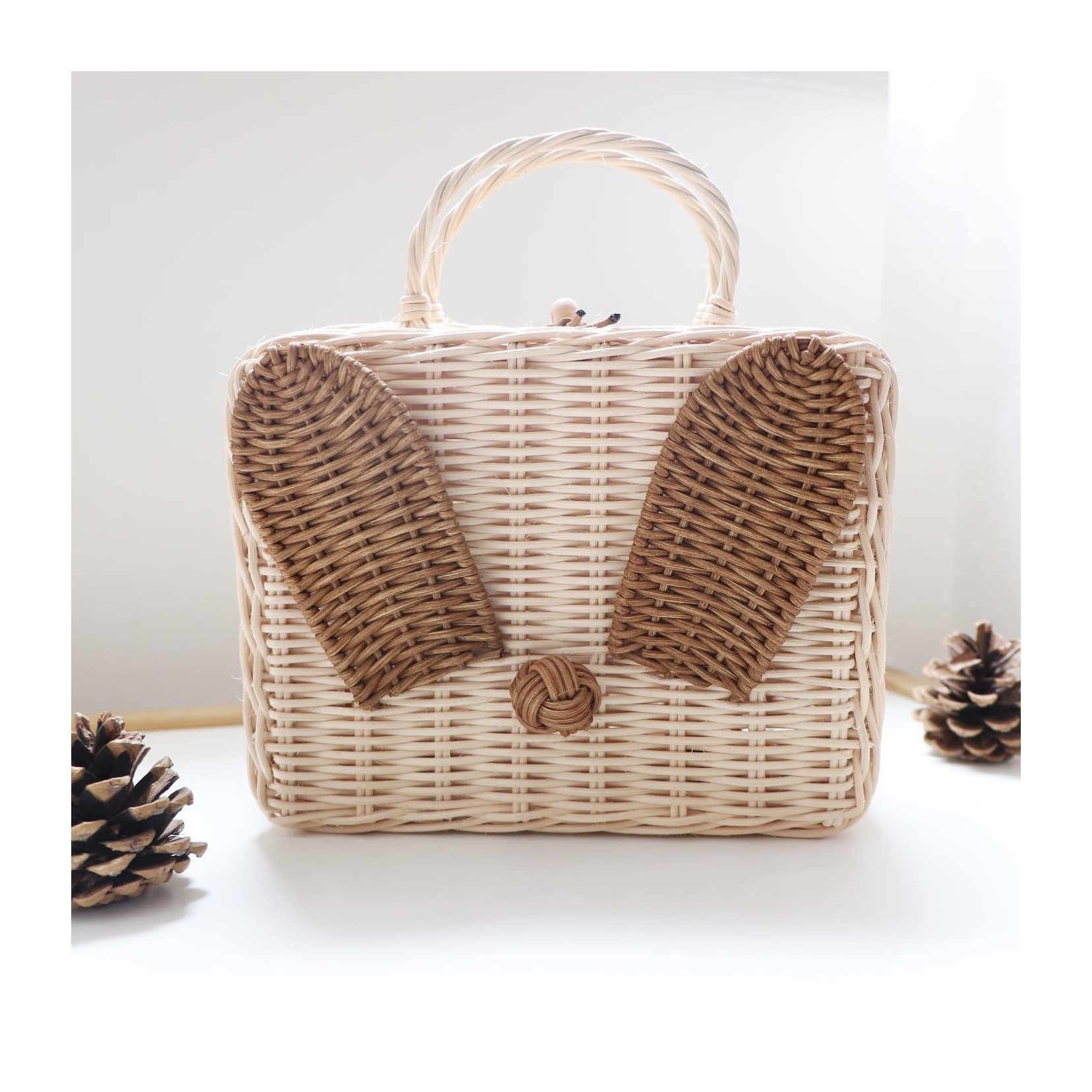 Unique style cute little rabbit shaped woven kids travel bag rattan mini storage suitcase with bunny ears