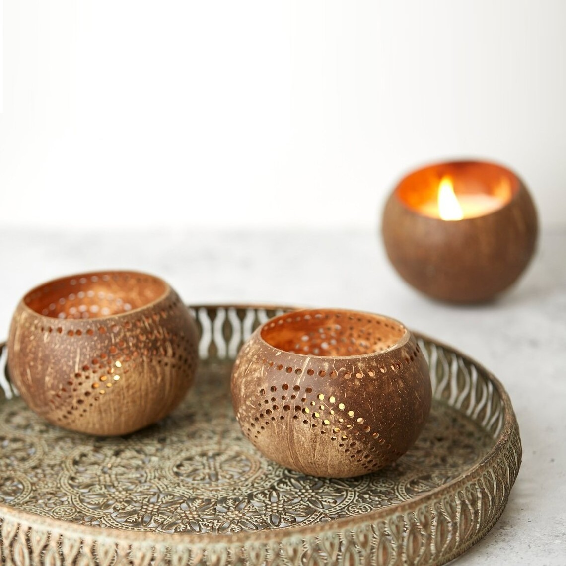 Centerpiece home events parties decor candle holders set of 3 trio gift sets coconut shell holder stand for tea light candles