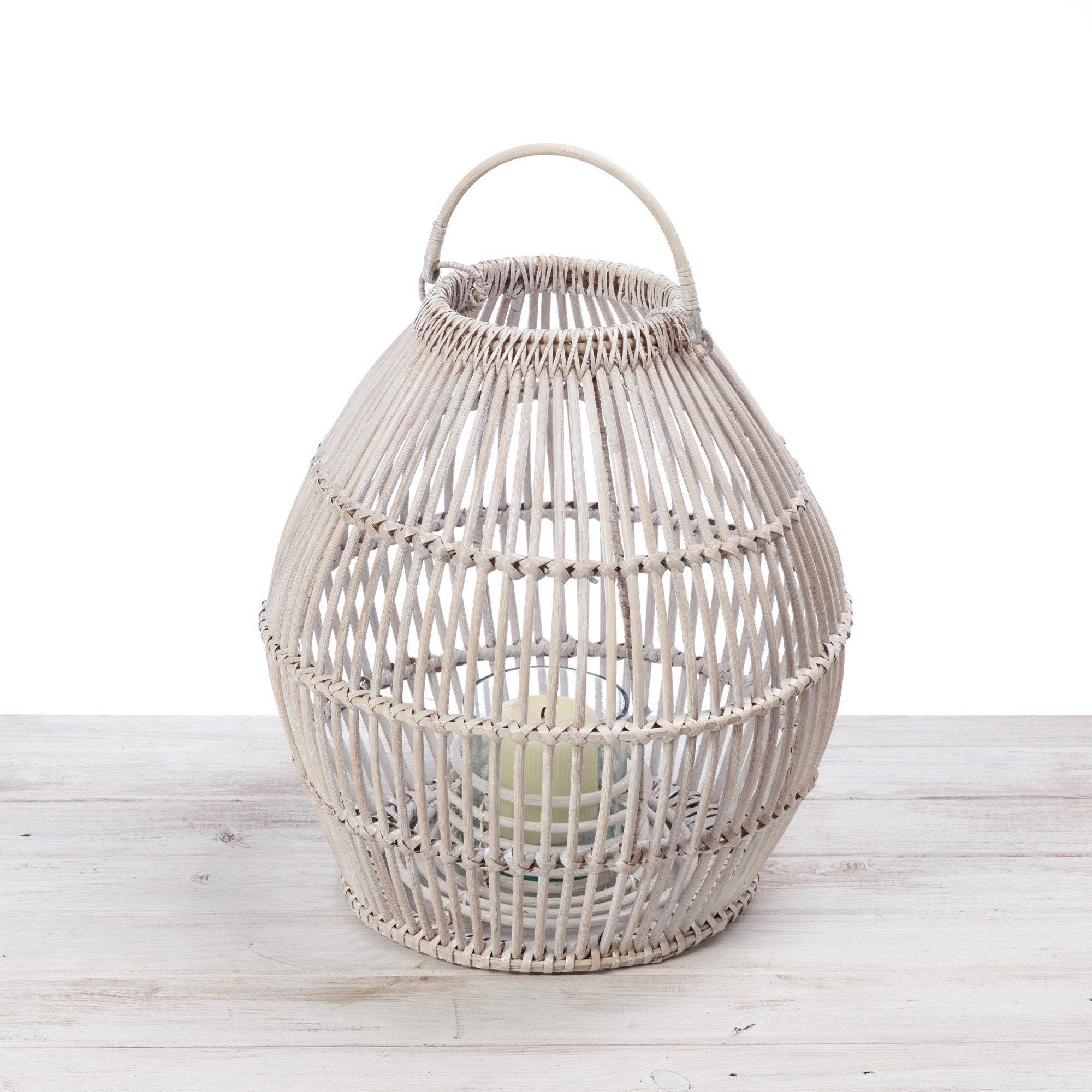 Wholesale white candle lantern cheap price bulk quantity handmade natural rattan lanterns from Vietnam