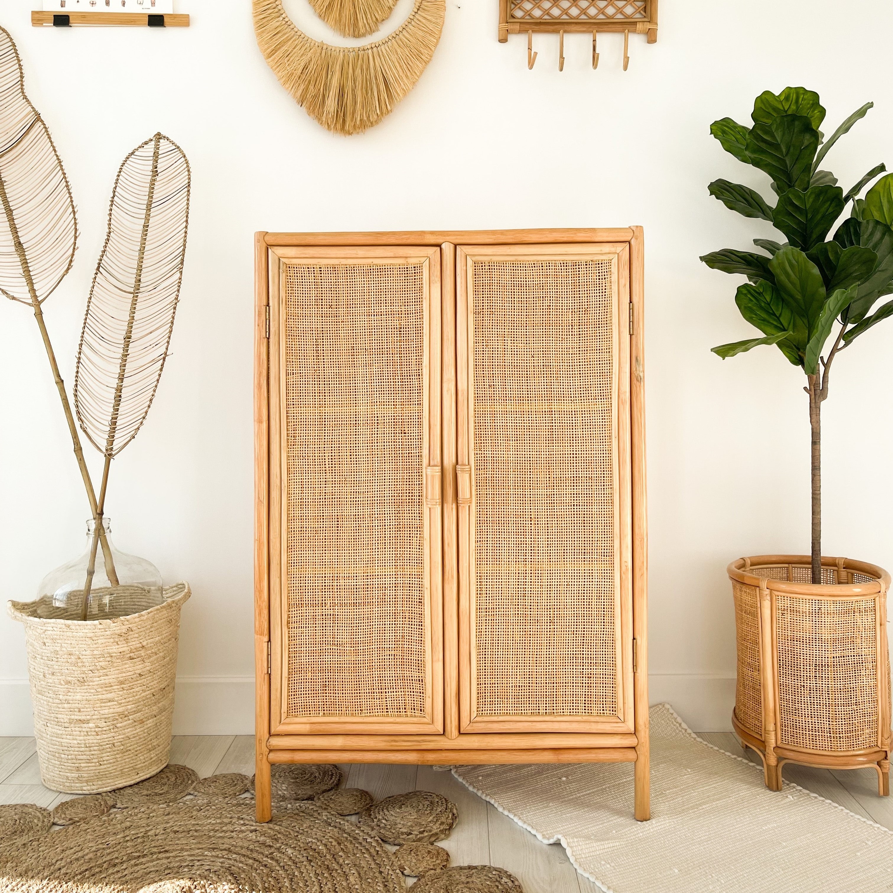 Handcrafted 100% rattan wardrobe bedroom furniture closets wholesale high quality tall dresser