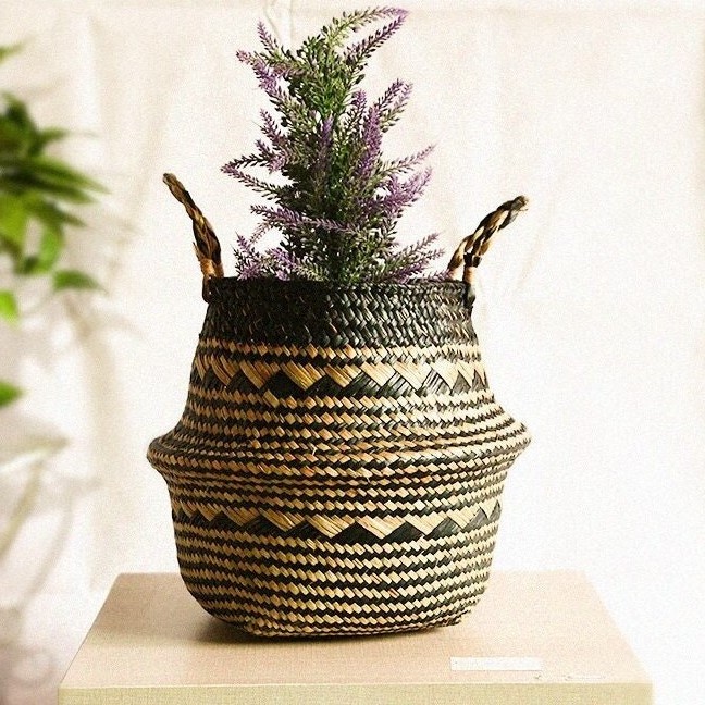 Decorative foldable basket pots for artificial plants and dry flowers natural seagrass belly basket home decoration