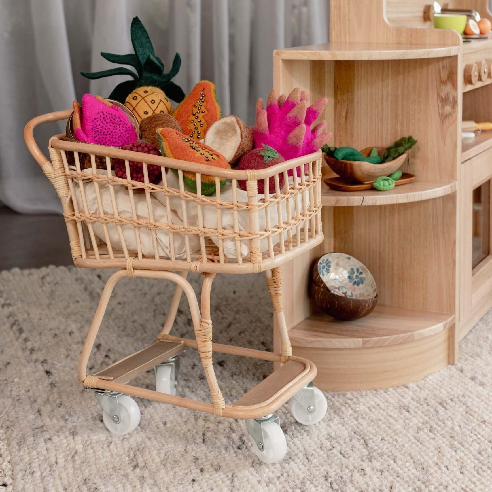 Lightweight kids accessories rattan supermarket child cart shop trolley with wheels shopping carts toys with doll seat