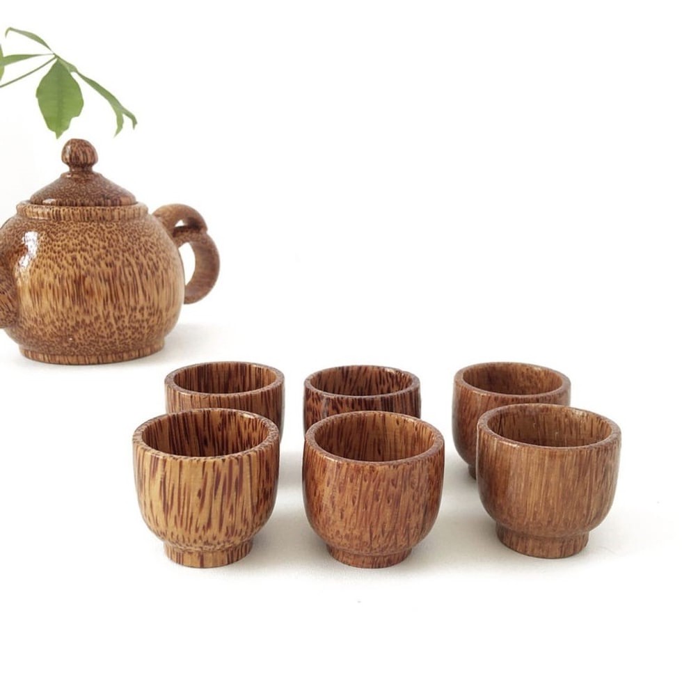 Bulk quantity mini teapots handmade coconut palm wood sets of teapot and tea cups from Vietnam supplier