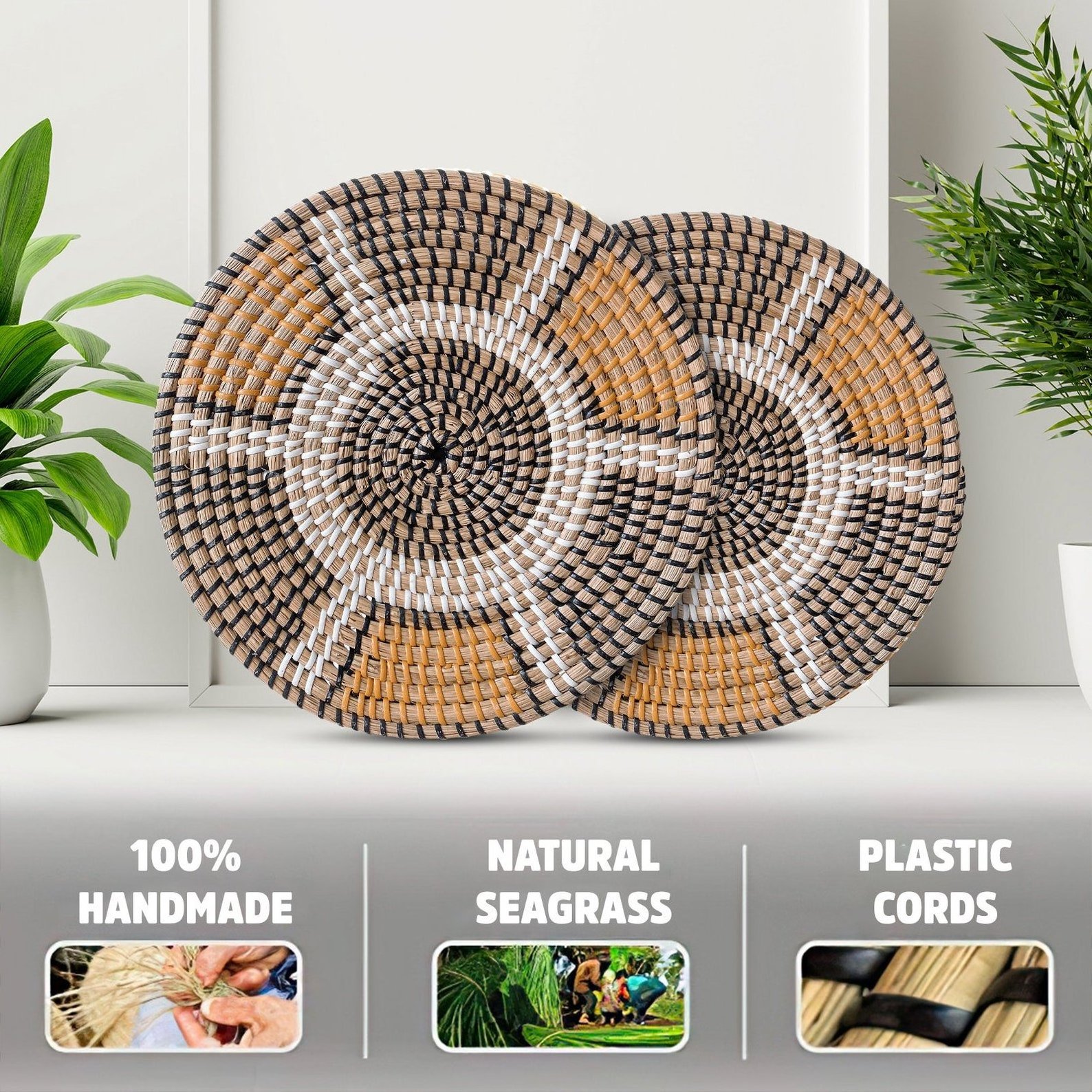 Decorative seagrass wall hanging baskets natural african wall-mounted decor basket set plates home decorations