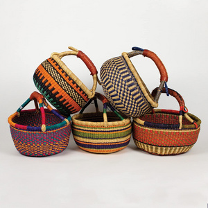 Handmade round bags African seagrass bolga baskets colorful Ghana woven baskets Africa carry bags