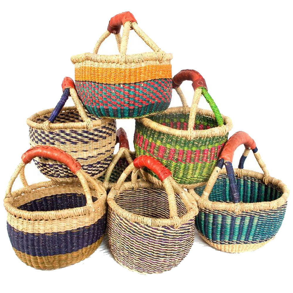 Handmade round bags African seagrass bolga baskets colorful Ghana woven baskets Africa carry bags