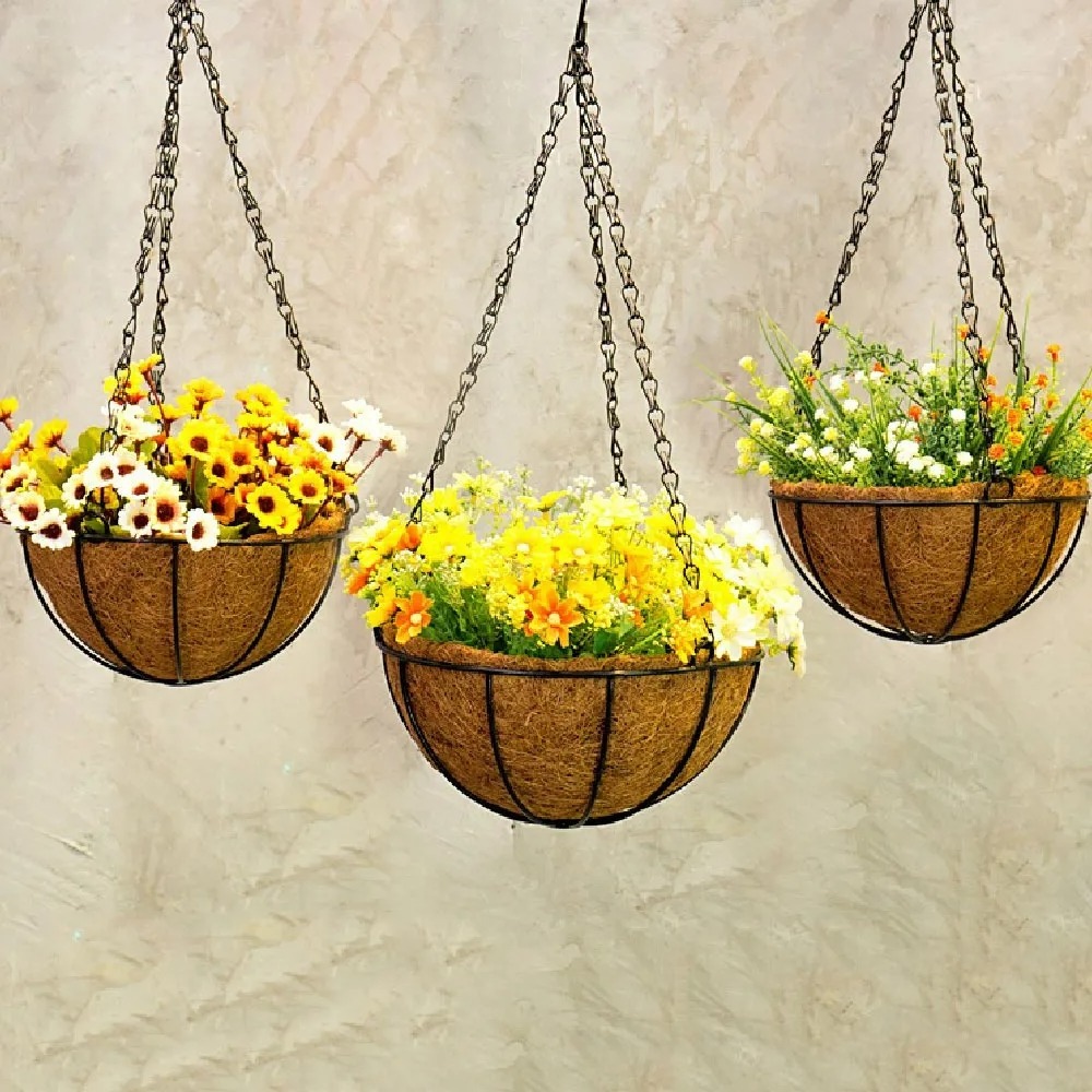 Customizable sizes coconut planter liner baksets hanging coir fiber basket liners with metal frame wires