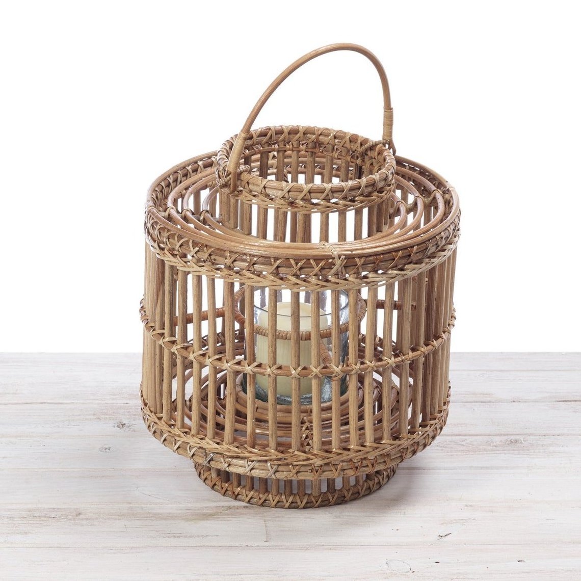 Wholesale white candle lantern cheap price bulk quantity handmade natural rattan lanterns from Vietnam