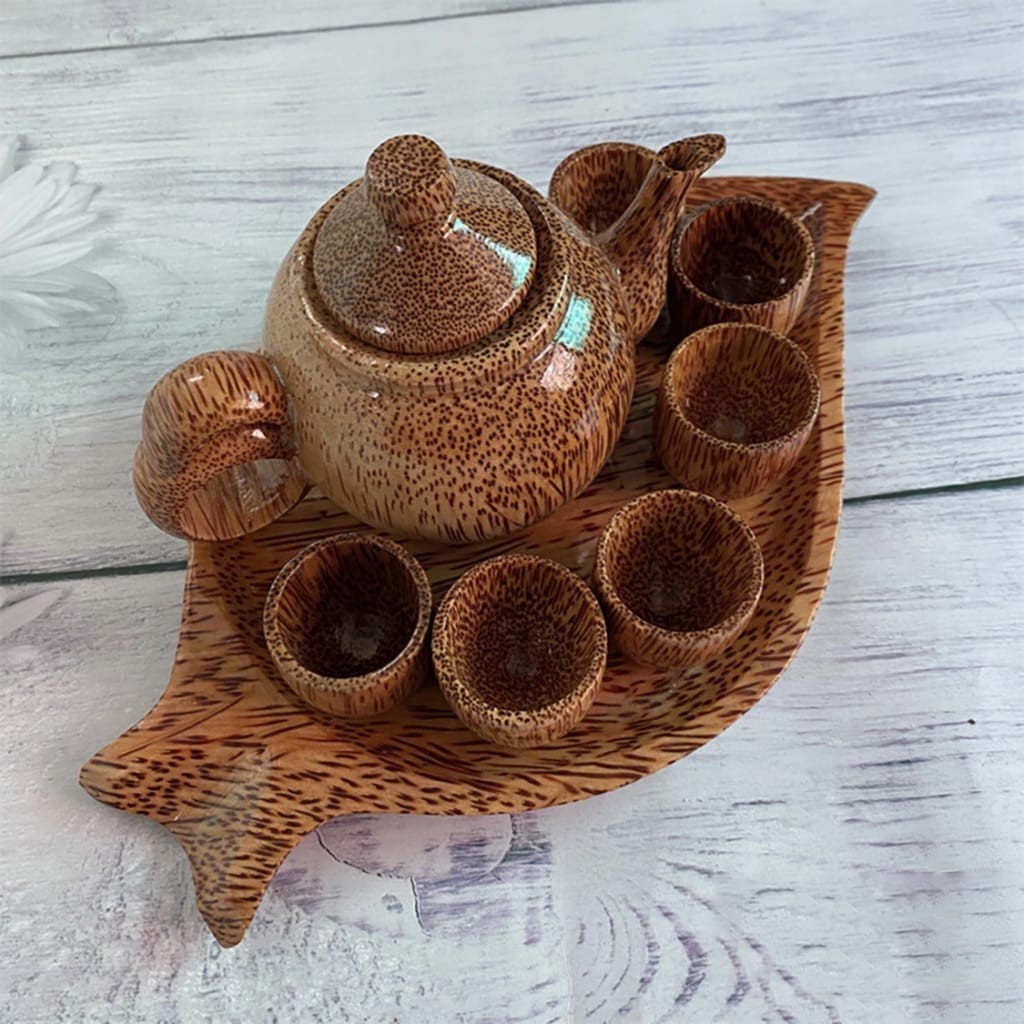 Vintage wooden teapot and cup set tea pots coffee serving table accessories coconut wood teapots with small cups cheap price