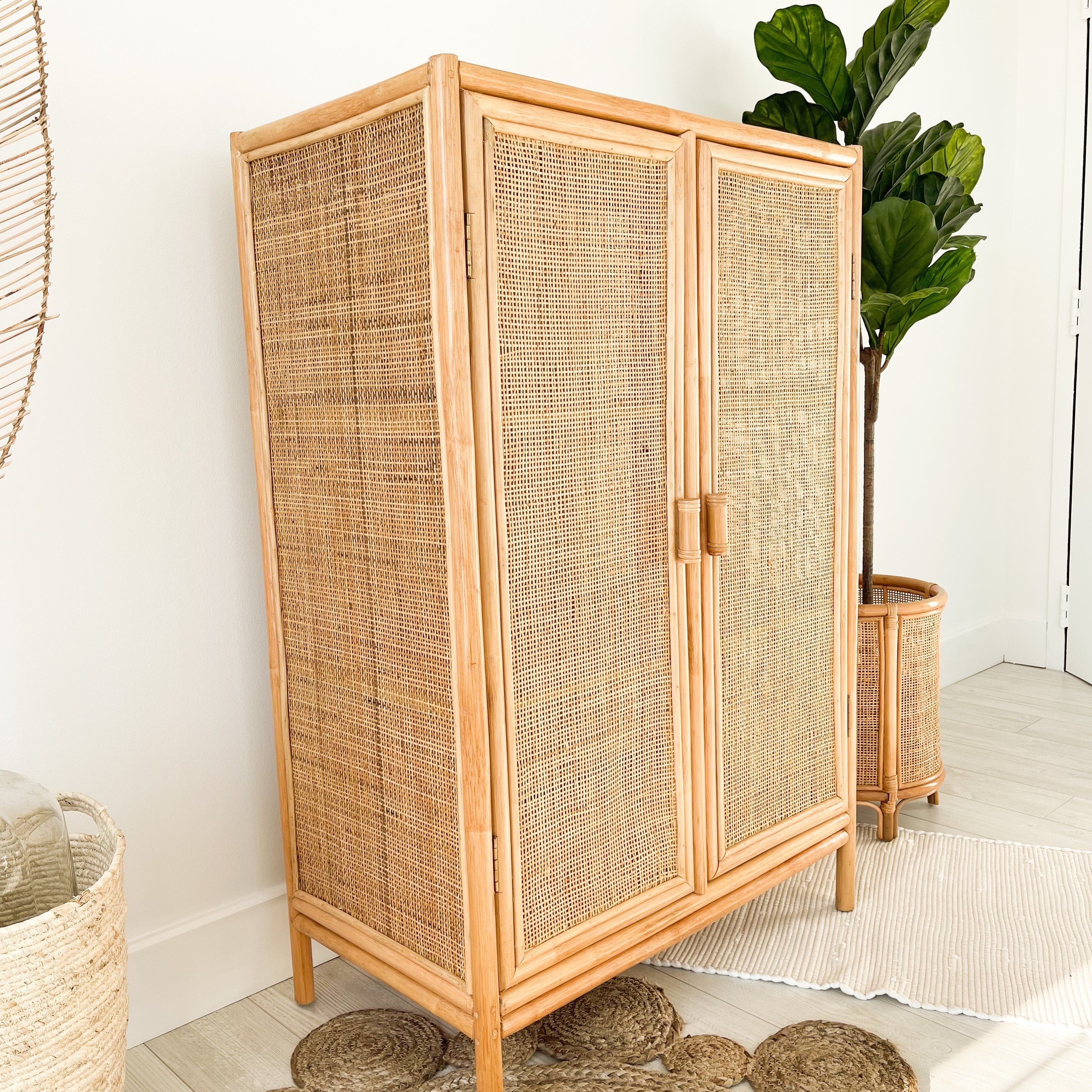 Handcrafted 100% rattan wardrobe bedroom furniture closets wholesale high quality tall dresser