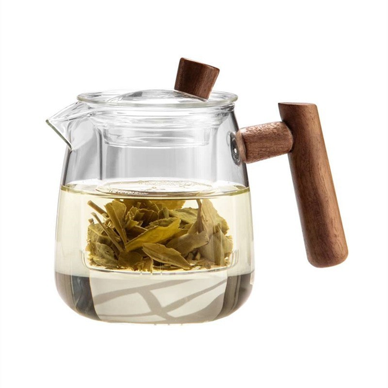 Wholesale Heat Resistant Borosilicate Glass Tea Pot Set With Glass Tea Infuser And Wooden Handle