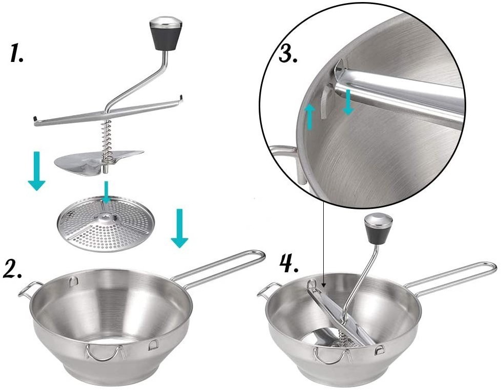 Stainless Steel Fruit Vegetable Potato Masher Grinder Manual Rotary Type Food Mill Chopper With 3 Interchangeable Disc