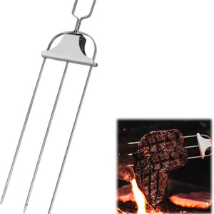 Reusable Metal Skewer For Grilling Stainless Steel 3-Prong Skewers With Push Bar Slider