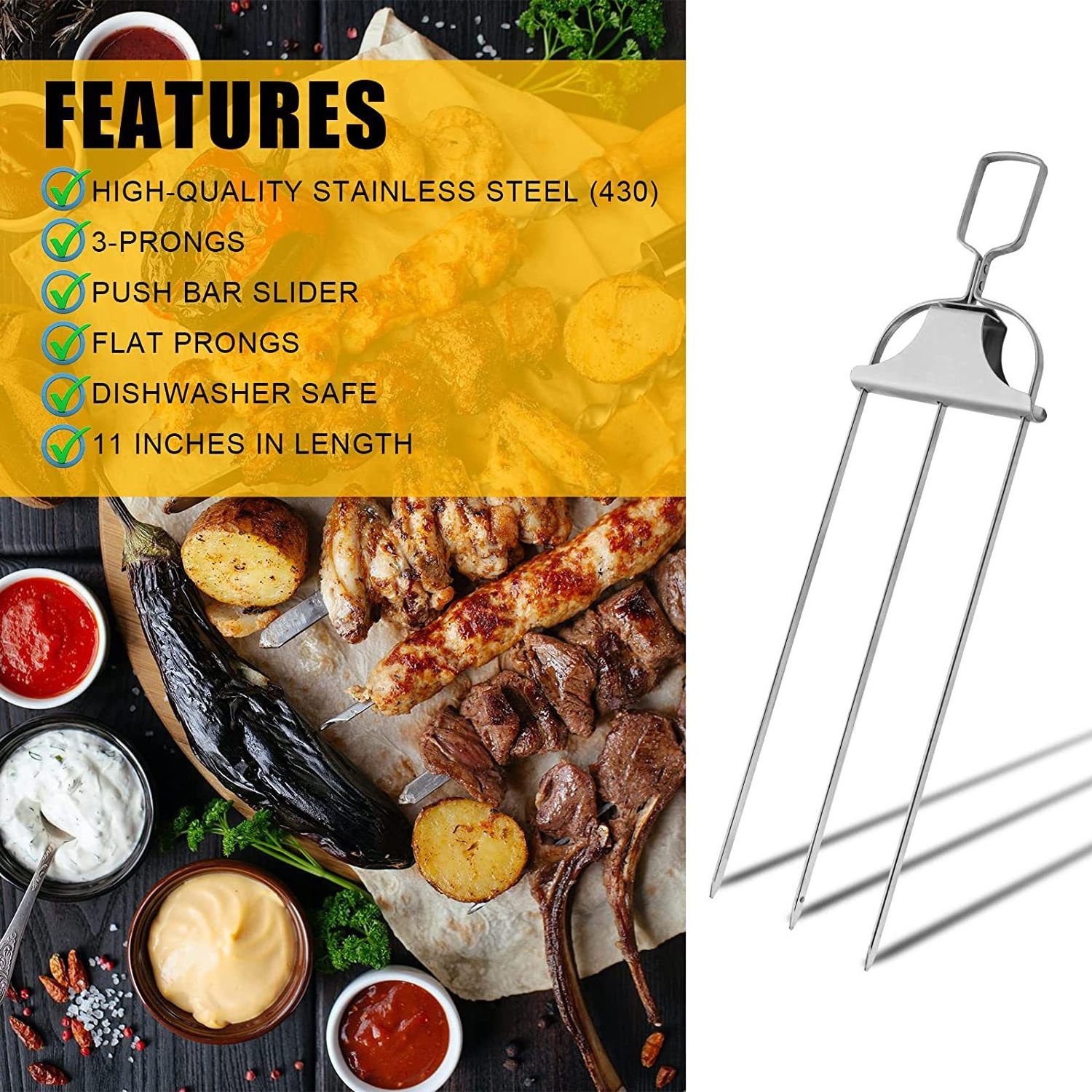 Reusable Metal Skewer For Grilling Stainless Steel 3-Prong Skewers With Push Bar Slider