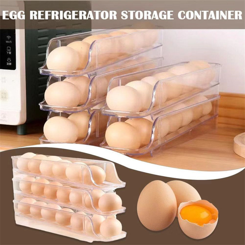 Wholesale Plastic Egg Storage Container 3 Tiers Automatic Rolling Egg Rack For Refrigerator