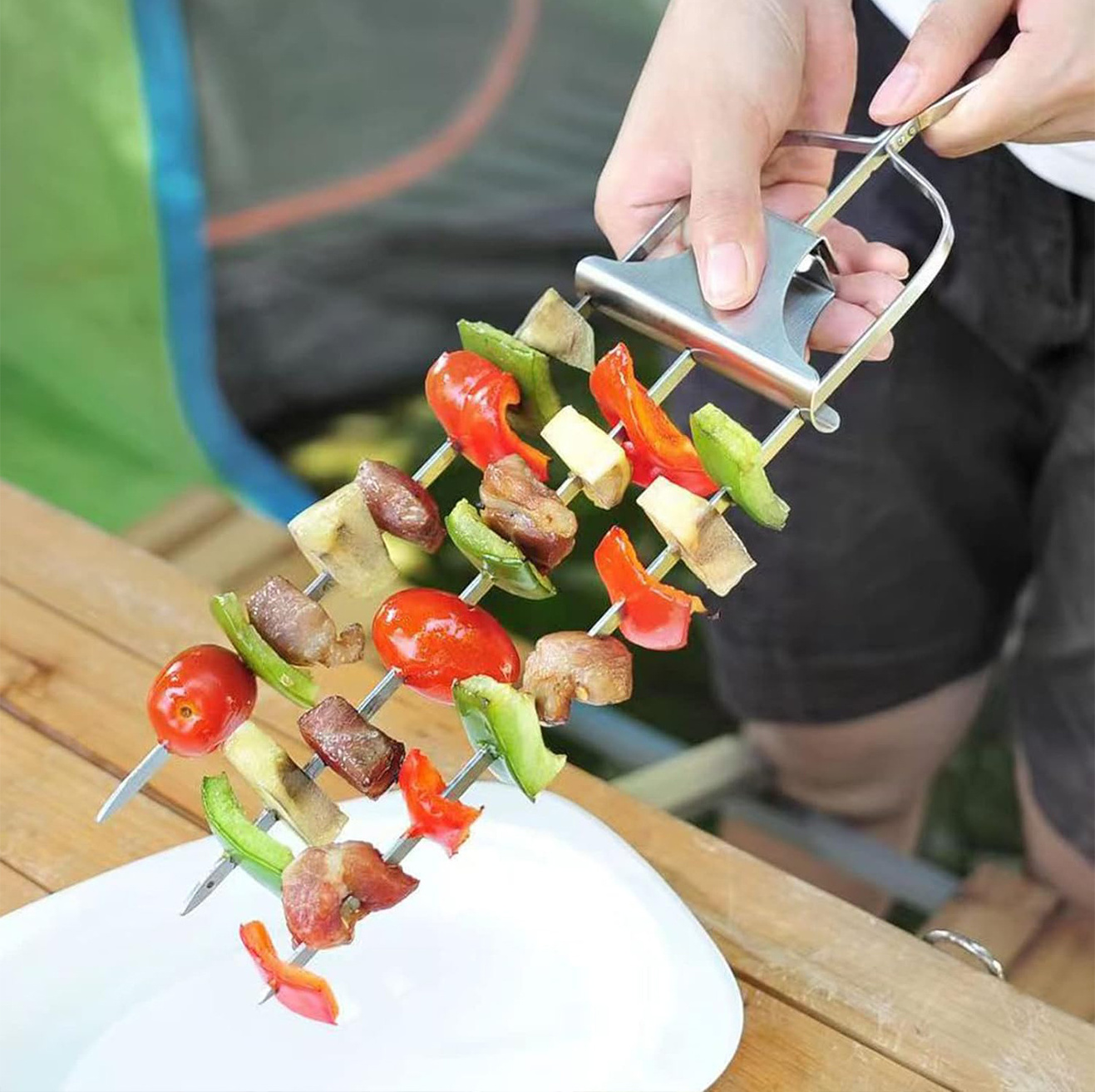 Reusable Metal Skewer For Grilling Stainless Steel 3-Prong Skewers With Push Bar Slider